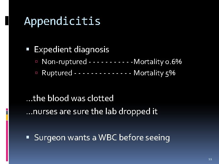 Appendicitis Expedient diagnosis Non-ruptured - - -Mortality 0. 6% Ruptured - - - -