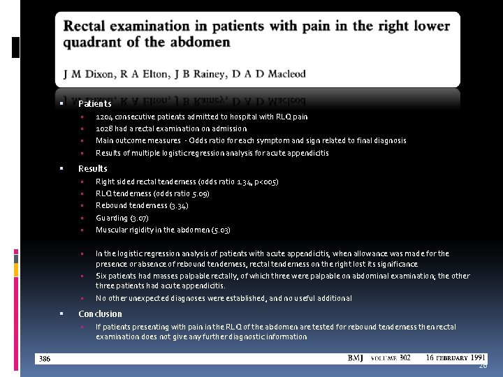  Patients Results 1204 consecutive patients admitted to hospital with RLQ pain 1028 had