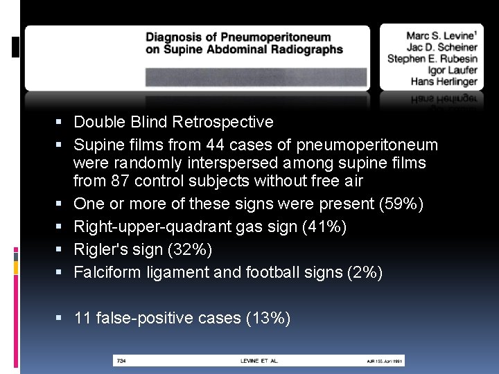 Supine Films Double Blind Retrospective Supine films from 44 cases of pneumoperitoneum were randomly