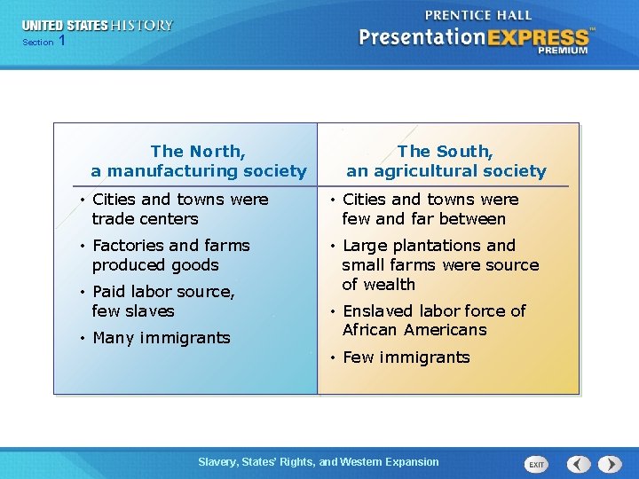 Chapter Section 1 25 Section 1 The North, a manufacturing society The South, an