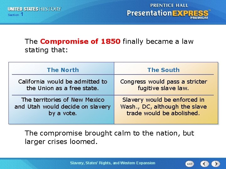 Chapter Section 1 25 Section 1 The Compromise of 1850 finally became a law