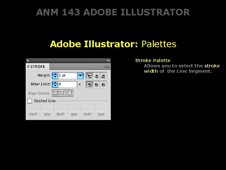 ANM 143 ADOBE ILLUSTRATOR Adobe Illustrator: Palettes Stroke Palette Allows you to select the