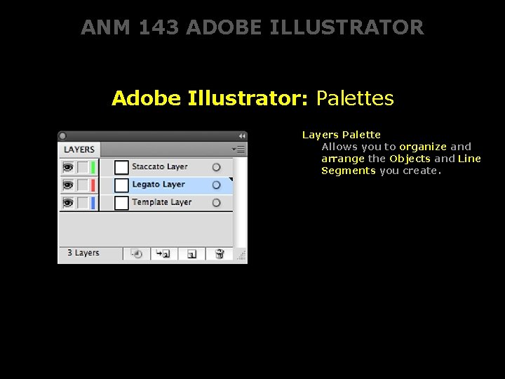 ANM 143 ADOBE ILLUSTRATOR Adobe Illustrator: Palettes Layers Palette Allows you to organize and