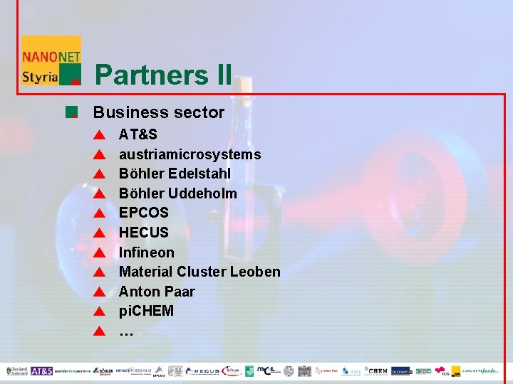 Partners II Business sector AT&S austriamicrosystems Böhler Edelstahl Böhler Uddeholm EPCOS HECUS Infineon Material