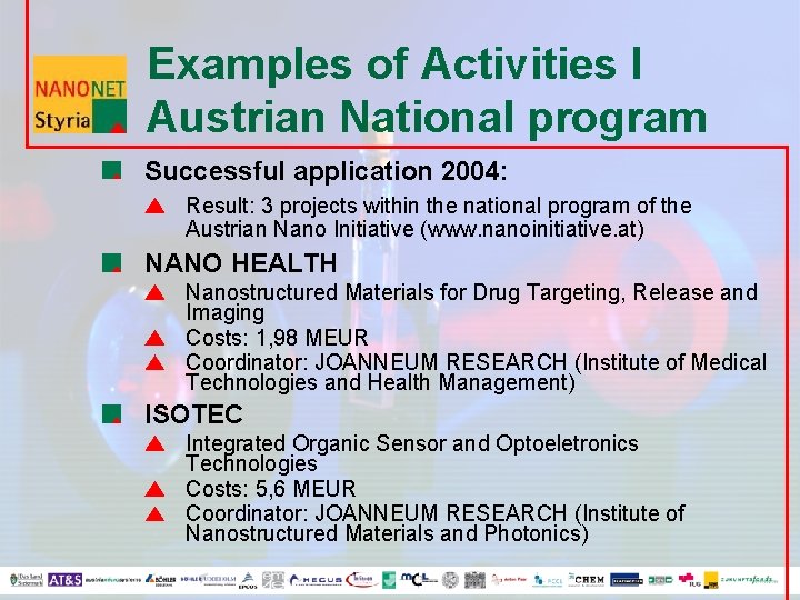 Examples of Activities I Austrian National program Successful application 2004: Result: 3 projects within