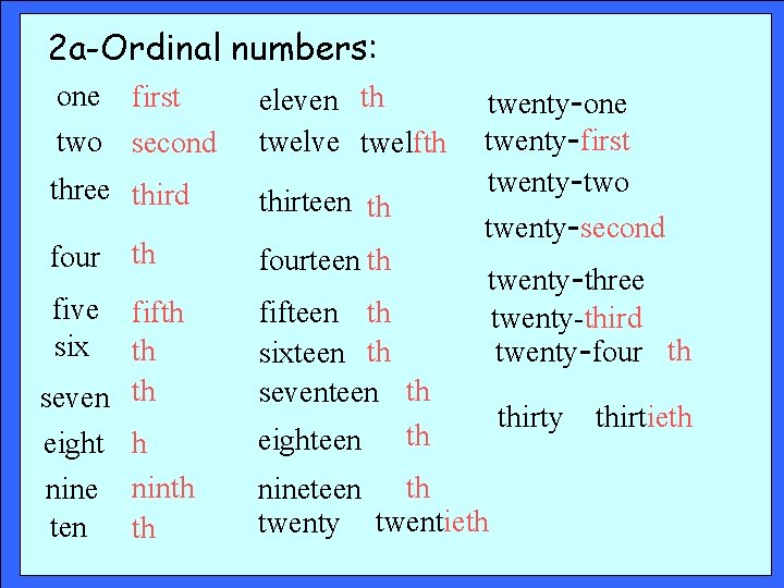 2 a-Ordinal numbers: one first two second eleven th twelve twelfth three third thirteen