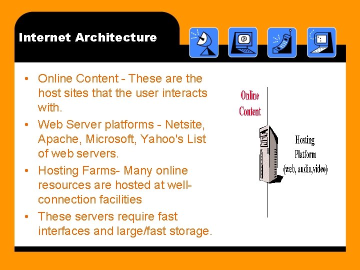 Internet Architecture • Online Content - These are the host sites that the user