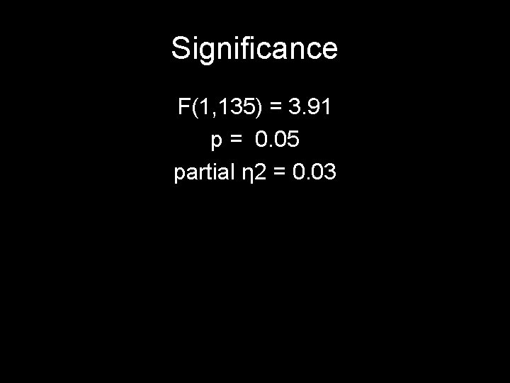 Significance F(1, 135) = 3. 91 p = 0. 05 partial η 2 =