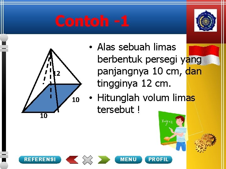 Contoh -1 12 10 10 REFERENSI • Alas sebuah limas berbentuk persegi yang panjangnya