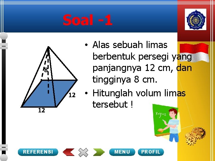 Soal -1 8 12 12 REFERENSI • Alas sebuah limas berbentuk persegi yang panjangnya