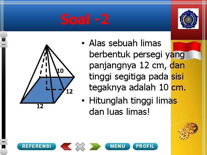 Soal -2 10 12 12 REFERENSI • Alas sebuah limas berbentuk persegi yang panjangnya