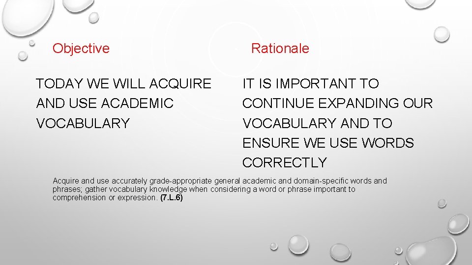 Objective TODAY WE WILL ACQUIRE AND USE ACADEMIC VOCABULARY Rationale IT IS IMPORTANT TO