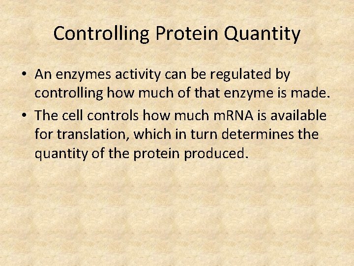 Controlling Protein Quantity • An enzymes activity can be regulated by controlling how much