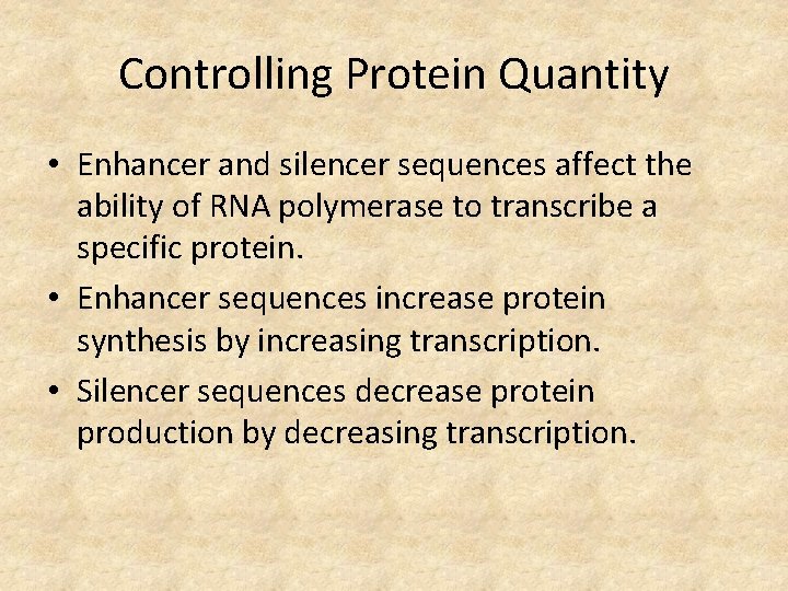 Controlling Protein Quantity • Enhancer and silencer sequences affect the ability of RNA polymerase
