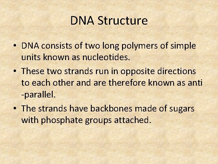 DNA Structure • DNA consists of two long polymers of simple units known as