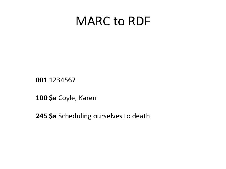 MARC to RDF 001 1234567 100 $a Coyle, Karen 245 $a Scheduling ourselves to