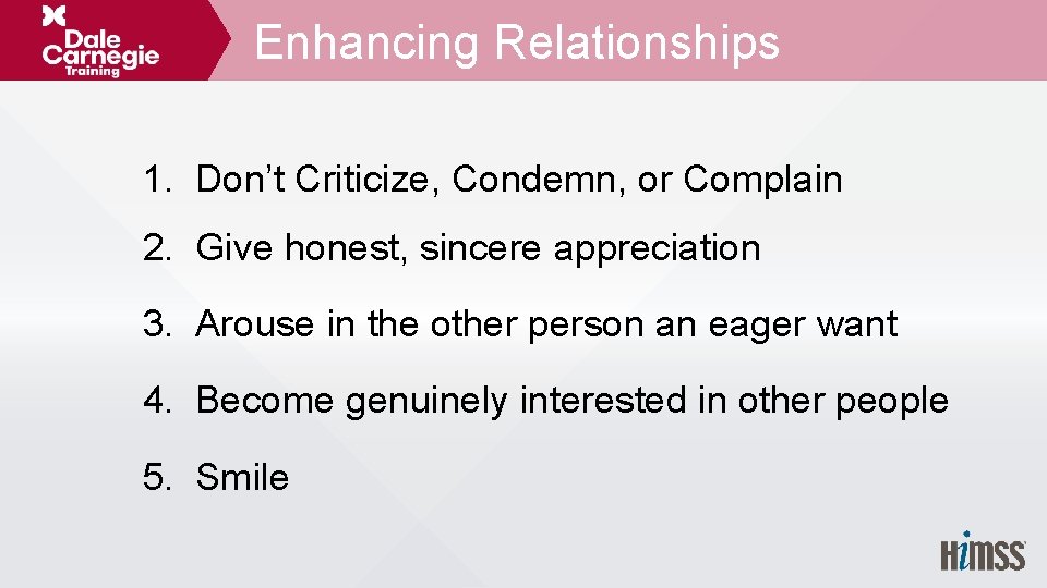 Enhancing Relationships 1. Don’t Criticize, Condemn, or Complain 2. Give honest, sincere appreciation 3.