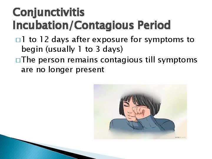 Conjunctivitis Incubation/Contagious Period � 1 to 12 days after exposure for symptoms to begin