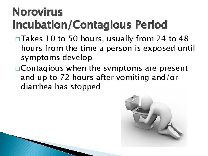 Norovirus Incubation/Contagious Period � Takes 10 to 50 hours, usually from 24 to 48