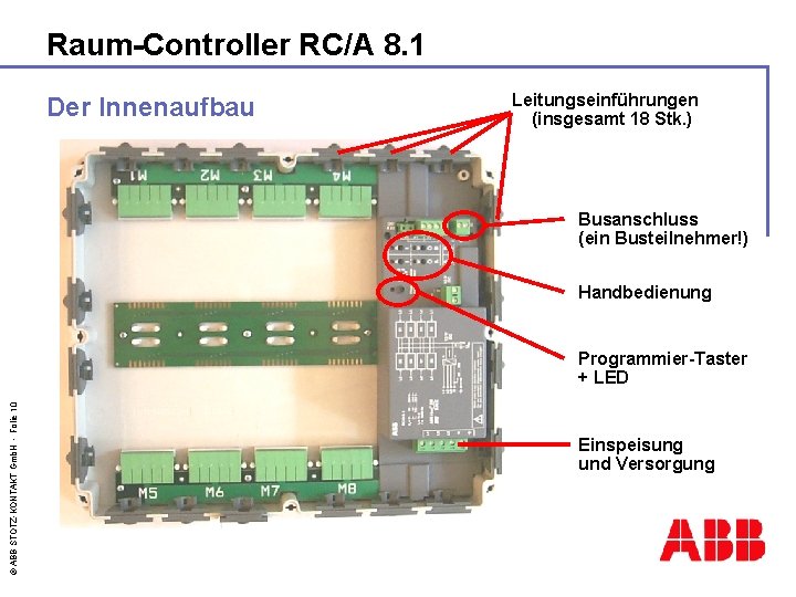 Raum-Controller RC/A 8. 1 Der Innenaufbau Leitungseinführungen (insgesamt 18 Stk. ) Busanschluss (ein Busteilnehmer!)