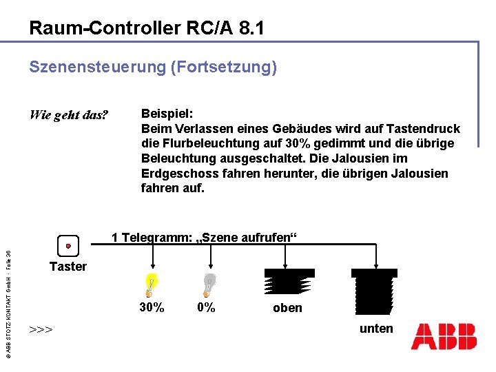 Raum-Controller RC/A 8. 1 Szenensteuerung (Fortsetzung) Wie geht das? Beispiel: Beim Verlassen eines Gebäudes