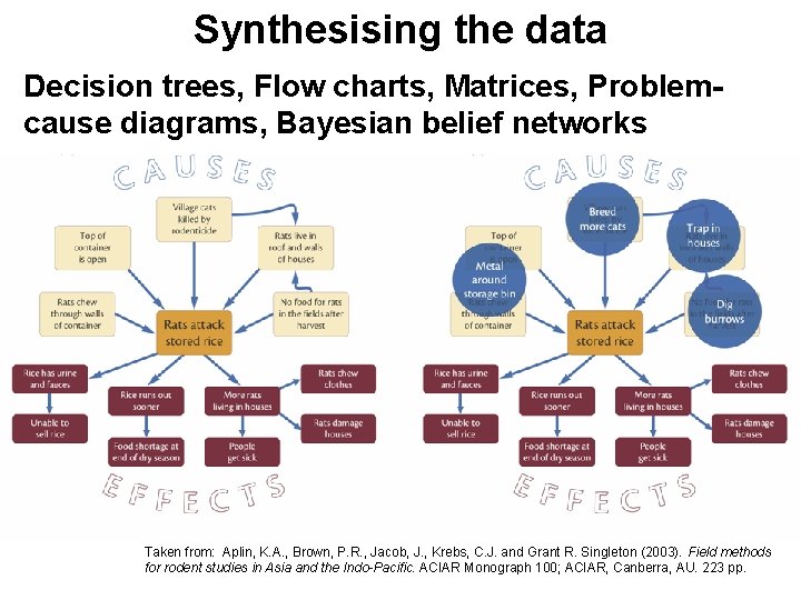 Synthesising the data Decision trees, Flow charts, Matrices, Problemcause diagrams, Bayesian belief networks Taken