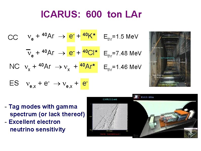 ICARUS: 600 ton LAr CC e + 40 Ar e- + 40 K* Ethr=1.