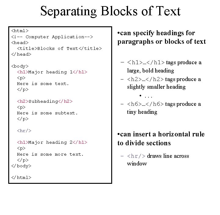 Separating Blocks of Text <html> <!–- Computer Application--> <head> <title>Blocks of Text</title> </head> <body>