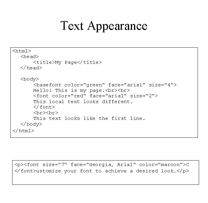 Text Appearance <html> <head> <title>My Page</title> </head> <body> <basefont color="green" face="arial" size="4"> Hello! This