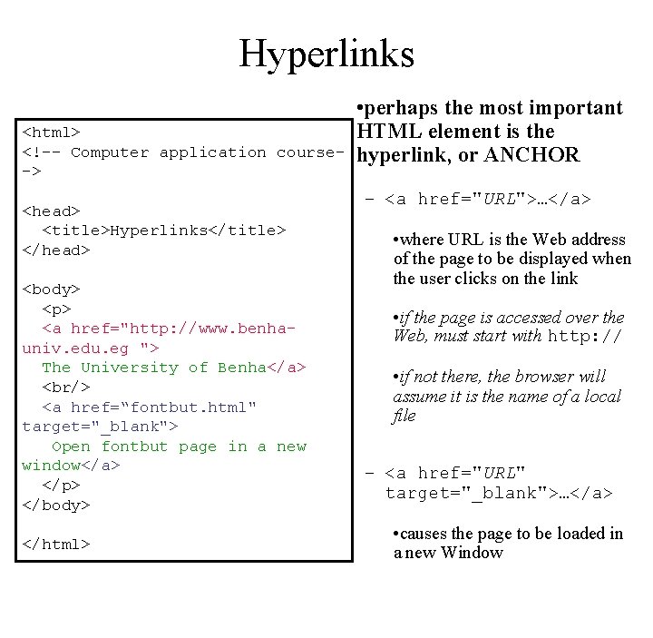 Hyperlinks <html> <!–- Computer application course-> <head> <title>Hyperlinks</title> </head> <body> <p> <a href="http: //www.