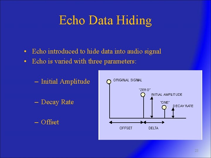 Echo Data Hiding • Echo introduced to hide data into audio signal • Echo