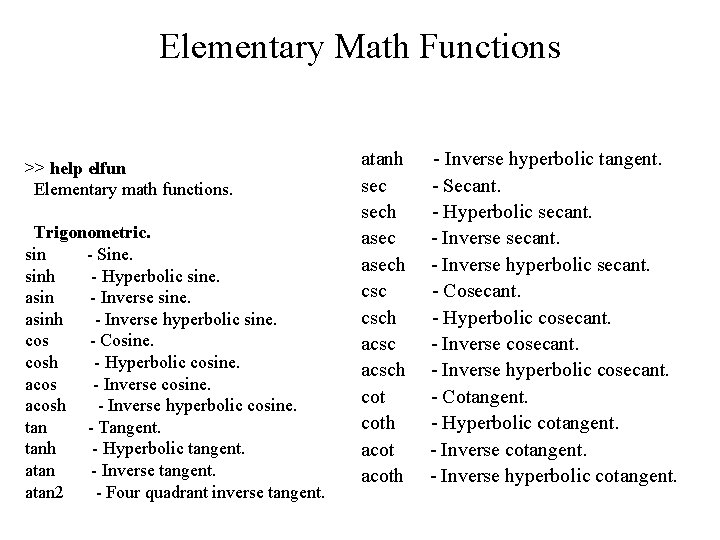 Elementary Math Functions >> help elfun Elementary math functions. Trigonometric. sin - Sine. sinh