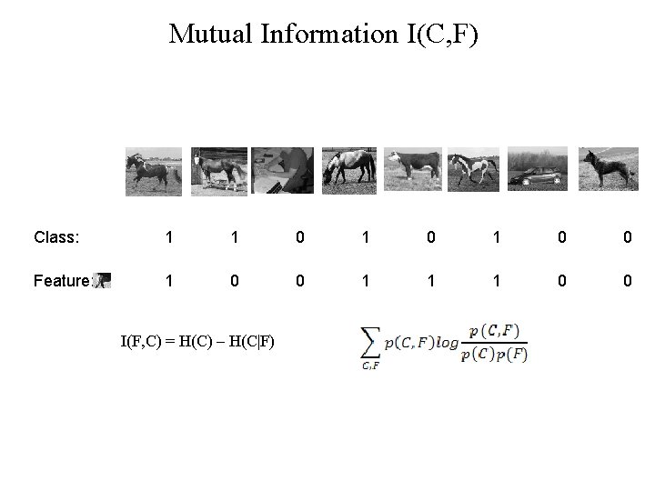 Mutual Information I(C, F) Class: 1 1 0 1 0 0 Feature: 1 0 Mutual Information I(C, F) Class: 1 1 0 1 0 0 Feature: 1 0
