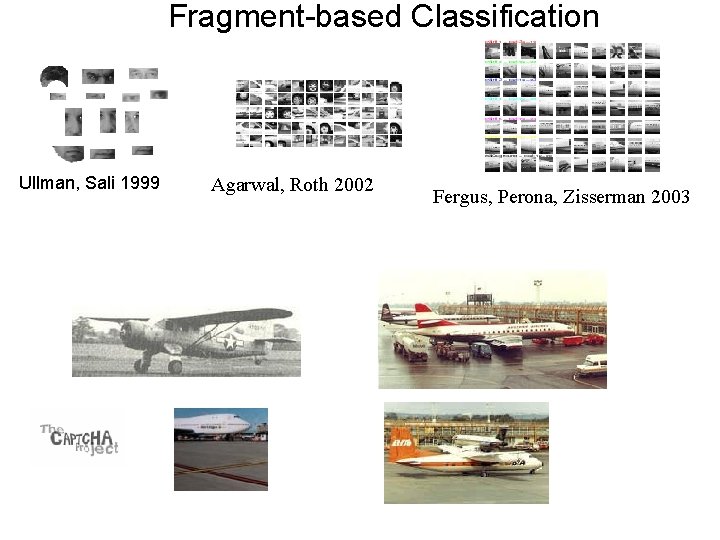 Fragment-based Classification Ullman, Sali 1999 Agarwal, Roth 2002 Fergus, Perona, Zisserman 2003 Fragment-based Classification Ullman, Sali 1999 Agarwal, Roth 2002 Fergus, Perona, Zisserman 2003