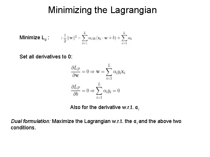 Minimizing the Lagrangian Minimize Lp : Set all derivatives to 0: Also for the Minimizing the Lagrangian Minimize Lp : Set all derivatives to 0: Also for the