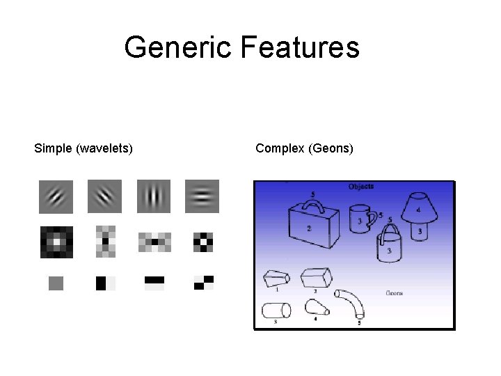 Generic Features Simple (wavelets) Complex (Geons) Generic Features Simple (wavelets) Complex (Geons)