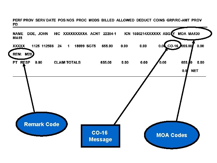 Remark Code CO-16 Message MOA Codes 