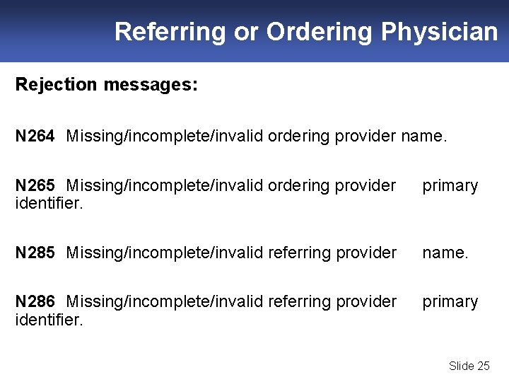 Referring or Ordering Physician Rejection messages: N 264 Missing/incomplete/invalid ordering provider name. N 265