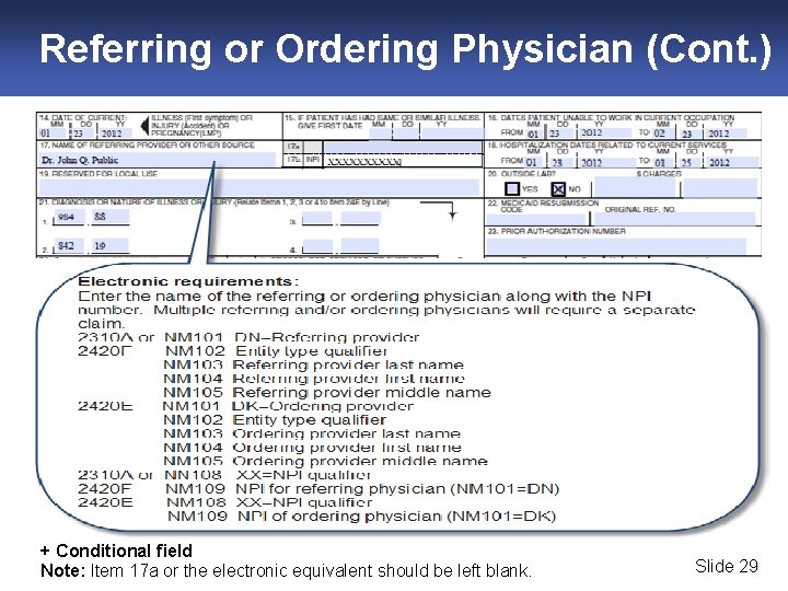 Referring or Ordering Physician (Cont. ) + Conditional field Note: Item 17 a or