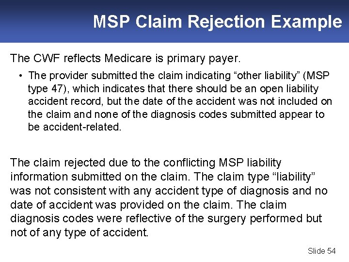 MSP Claim Rejection Example The CWF reflects Medicare is primary payer. • The provider