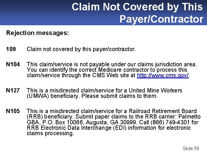 Claim Not Covered by This Payer/Contractor Rejection messages: 109 N 104 Claim not covered