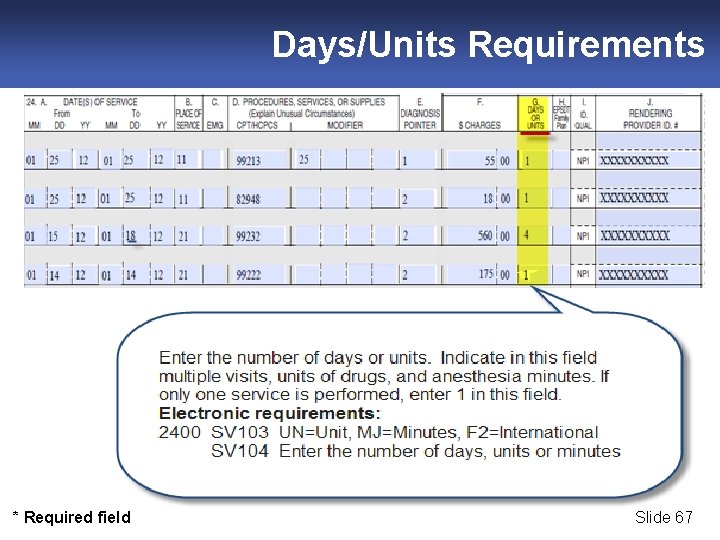 Days/Units Requirements * Required field Slide 67 