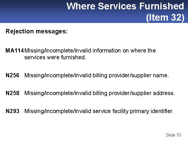 Where Services Furnished (Item 32) Rejection messages: MA 114 Missing/incomplete/invalid information on where the