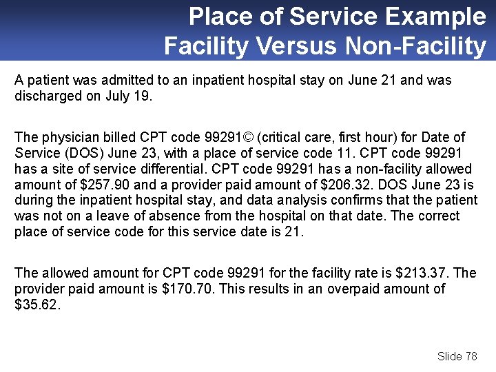 Place of Service Example Facility Versus Non-Facility A patient was admitted to an inpatient