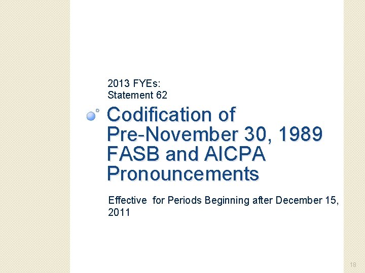 2013 FYEs: Statement 62 Codification of Pre-November 30, 1989 FASB and AICPA Pronouncements Effective
