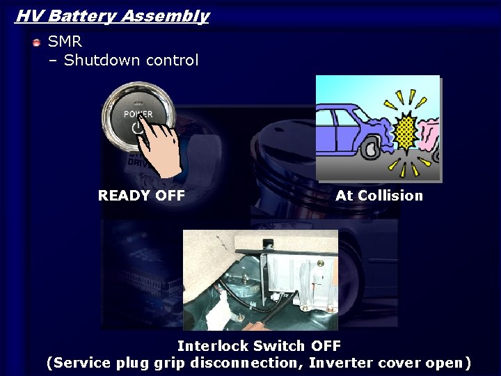HV Battery Assembly SMR – Shutdown control READY OFF 17 At Collision Interlock Switch HV Battery Assembly SMR – Shutdown control READY OFF 17 At Collision Interlock Switch