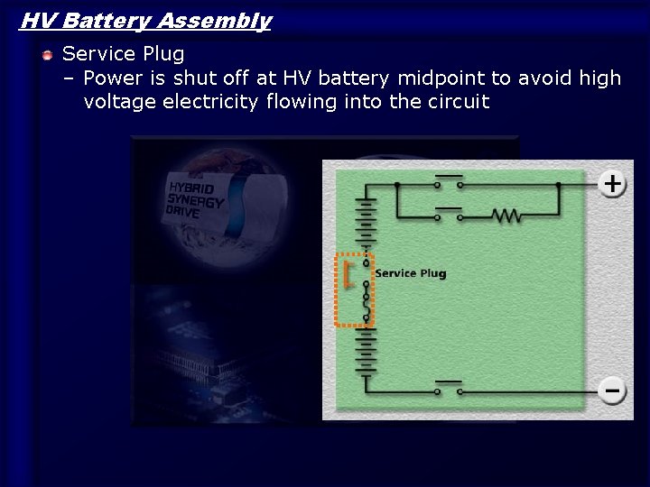 HV Battery Assembly Service Plug – Power is shut off at HV battery midpoint HV Battery Assembly Service Plug – Power is shut off at HV battery midpoint