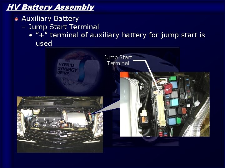 HV Battery Assembly Auxiliary Battery – Jump Start Terminal • ”+” terminal of auxiliary HV Battery Assembly Auxiliary Battery – Jump Start Terminal • ”+” terminal of auxiliary