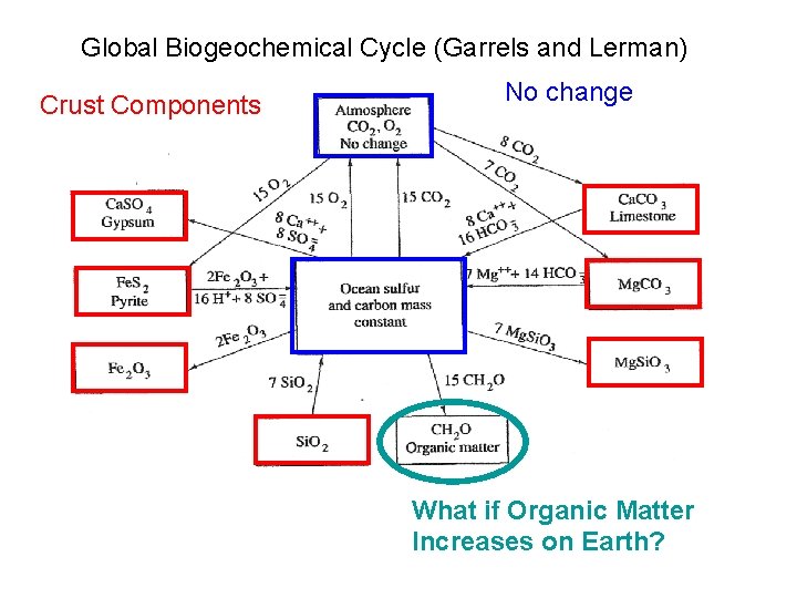 Global Biogeochemical Cycle (Garrels and Lerman) Crust Components No change What if Organic Matter