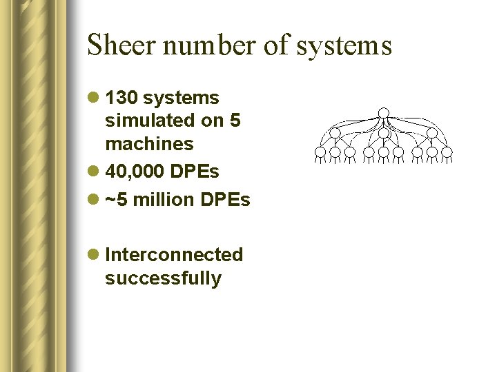 Sheer number of systems l 130 systems simulated on 5 machines l 40, 000